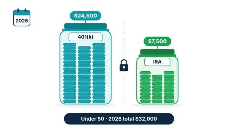 Two separate savings containers labeled 401(k) and IRA holding $24,500 and $7,500 for savers under 50 in 2026