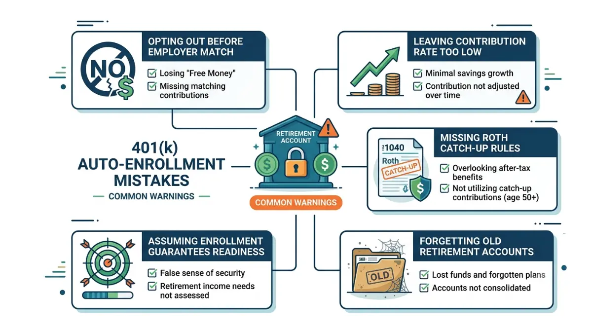 401(k) Auto-Enrollment infographic highlighting five common mistakes that reduce retirement savings and employer matching benefits