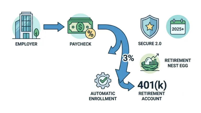 401(k) Auto-Enrollment illustration showing an employee automatically contributing part of each paycheck into a workplace retirement plan under SECURE 2.0