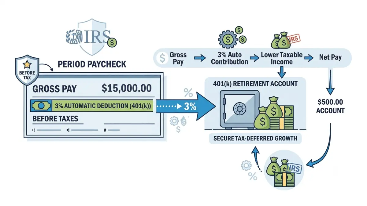401(k) Auto-Enrollment vector showing how automatic paycheck deductions reduce taxable income before funds enter a retirement account