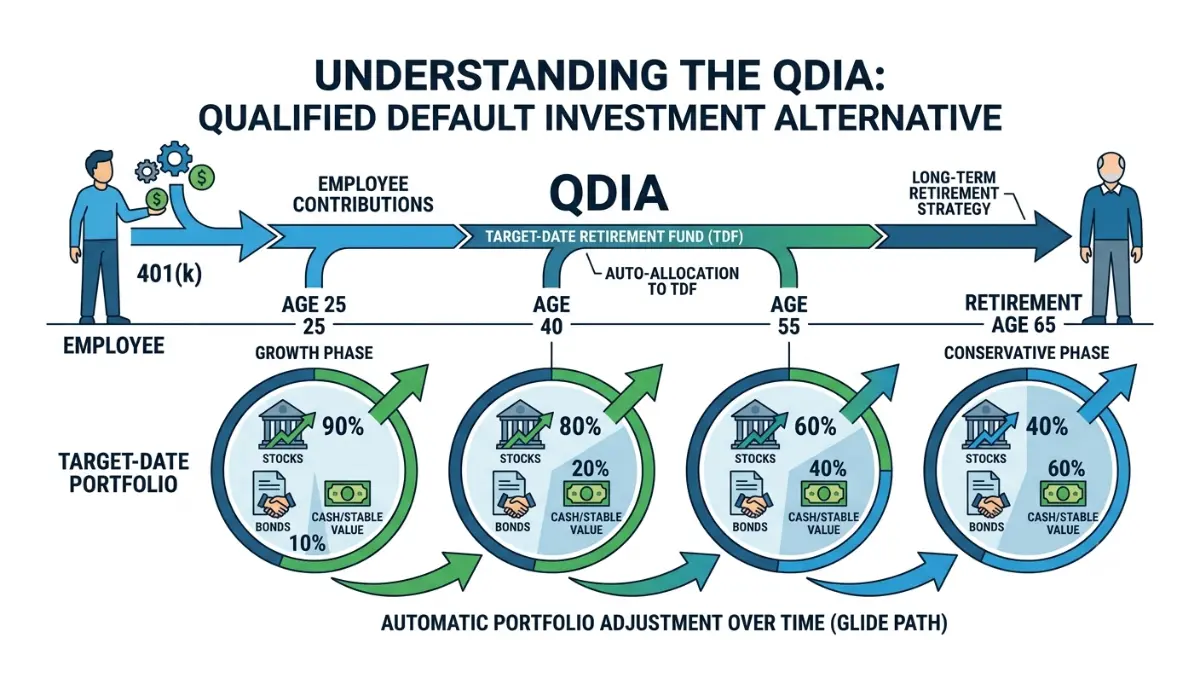 401(k) Auto-Enrollment illustration showing employee contributions automatically invested into a target-date fund through a Qualified Default Investment Alternative (QDIA)