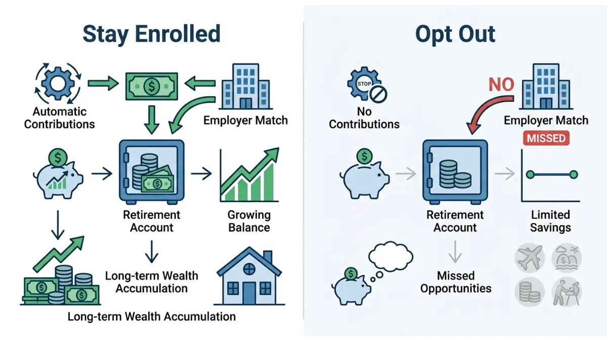 401(k) Auto-Enrollment comparison illustrating the long-term difference between staying enrolled and opting out of employer retirement savings