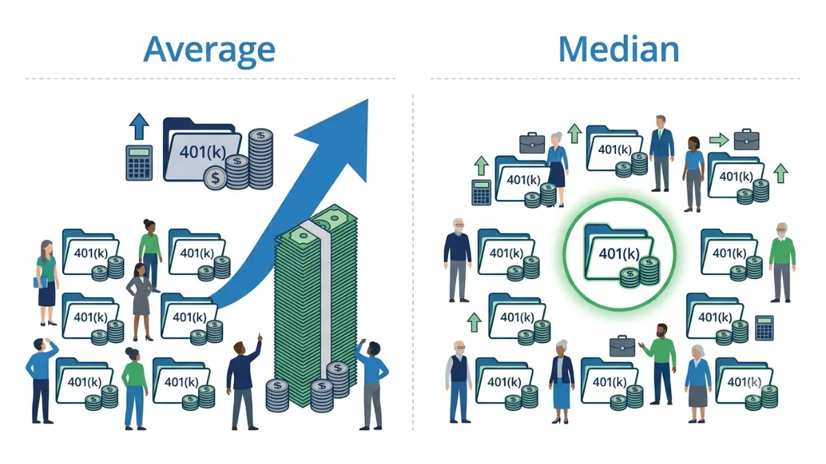 401(k) average vs median balance comparison illustrating why median retirement savings provides a more realistic benchmark