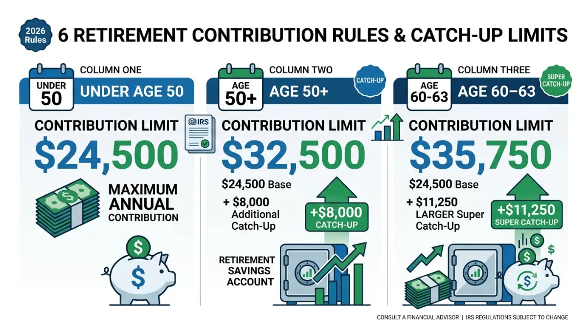 401(k) illustration explaining the 2026 catch-up contribution limits for workers age 50 and older