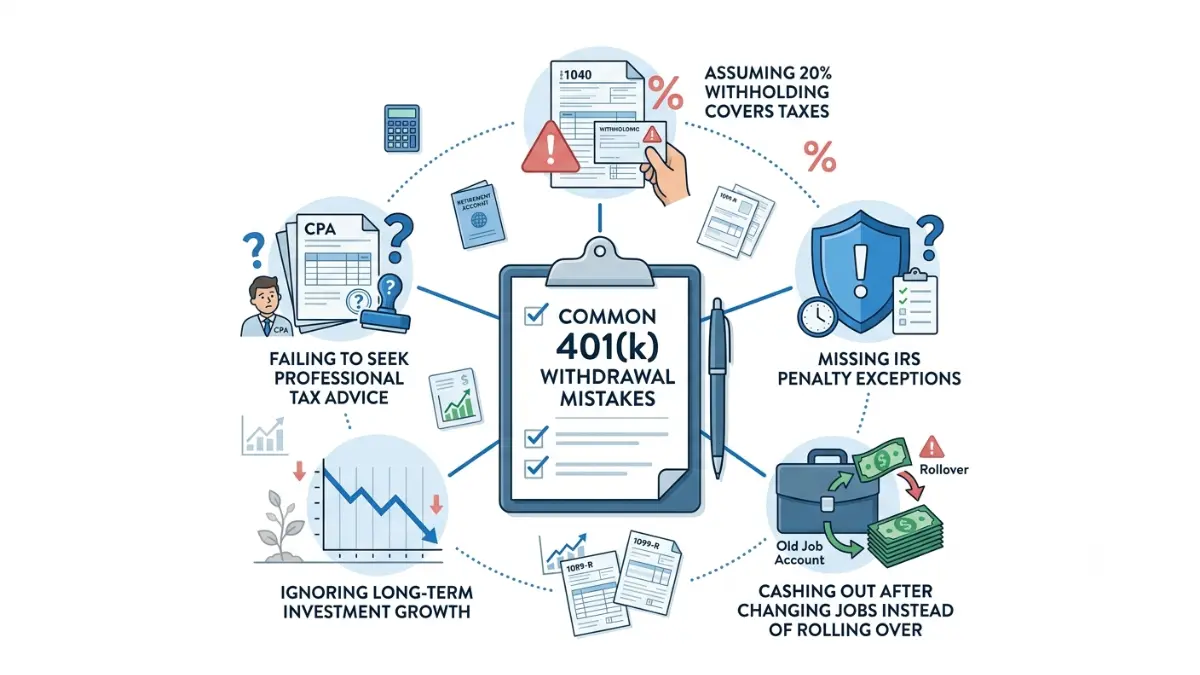 401(k) Early Withdrawal Penalty common mistakes including tax withholding errors, missed exceptions, and cashing out after leaving a job