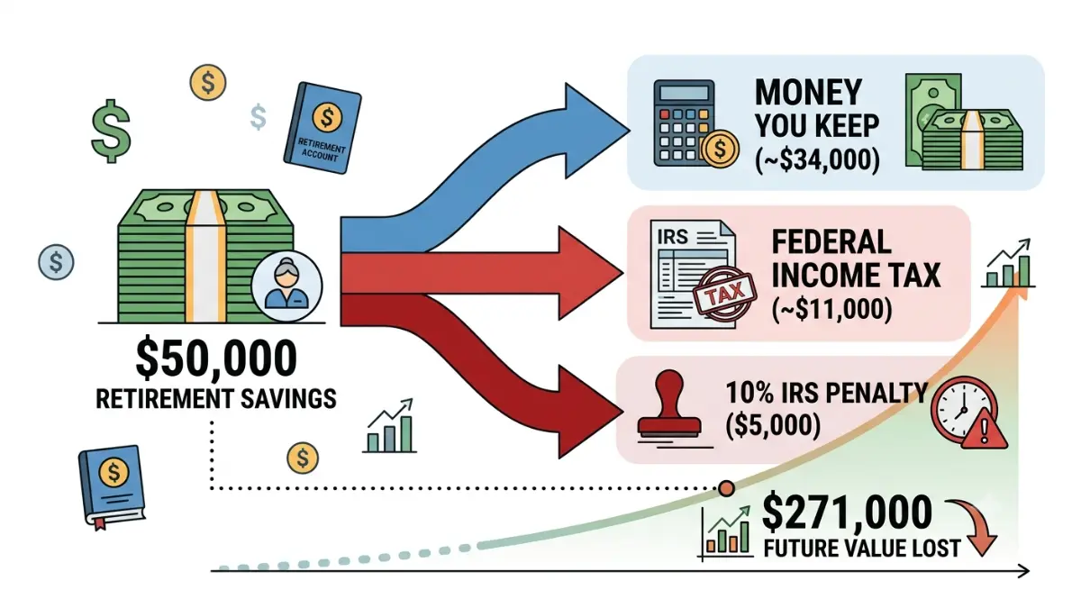 401(k) Early Withdrawal Penalty cost breakdown showing taxes, penalty, and remaining cash from a $50,000 withdrawal