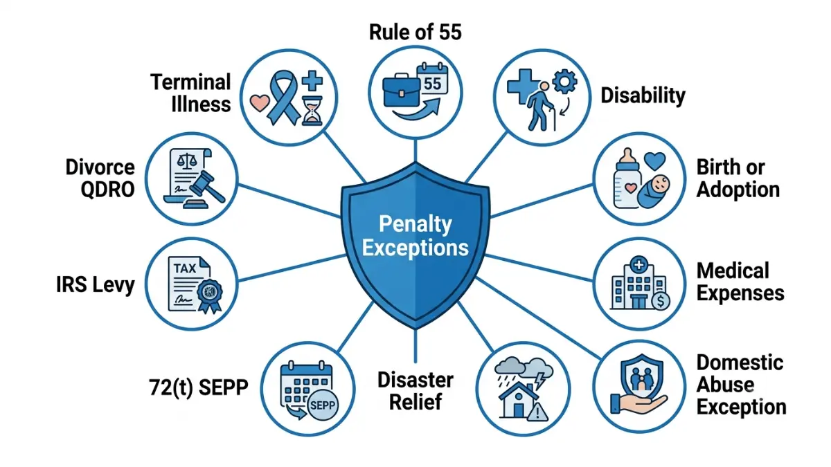 401(k) Early Withdrawal Penalty exceptions illustrated with Rule of 55, disability, medical expenses, and other IRS exemptions