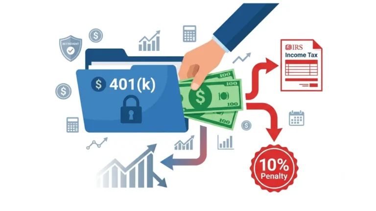 401(k) Early Withdrawal Penalty explained with taxes, IRS penalty, and lost retirement growth in a financial vector illustration
