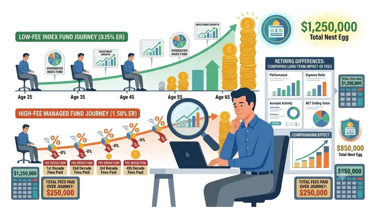 401(k) Fees illustration showing how small annual investment fees compound into large retirement wealth losses over time