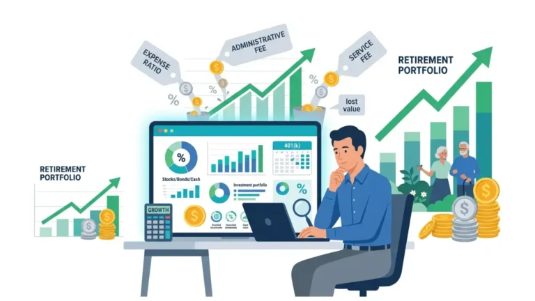 401(k) Fees illustrated as hidden investment, administrative, and service charges quietly reducing long-term retirement savings growth