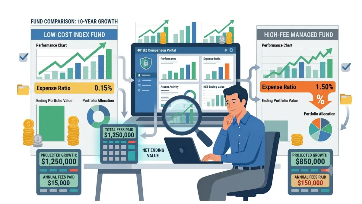 401(k) Fees comparison between low-cost index funds and high-fee actively managed retirement investments