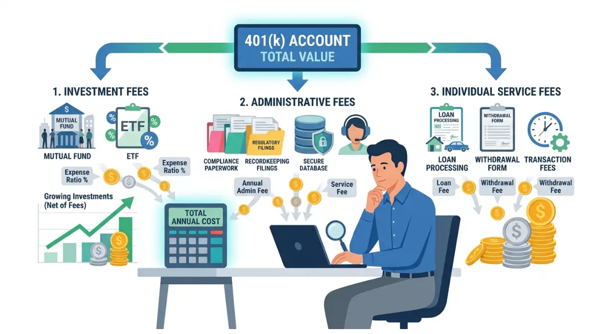 401(k) Fees breakdown showing investment fees, administrative fees, and individual service fees in a retirement plan
