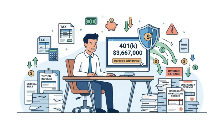 401(k) Hardship Withdrawal illustration showing emergency expenses and retirement savings decision