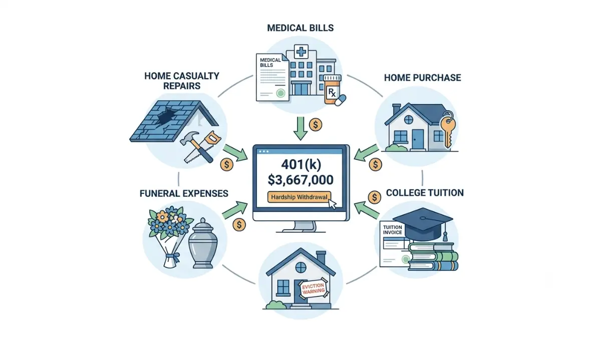 401(k) Hardship Withdrawal qualifying reasons illustrated with six IRS-approved hardship categories