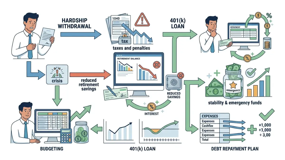 401(k) Hardship Withdrawal decision tree showing common mistakes and lower-cost alternatives