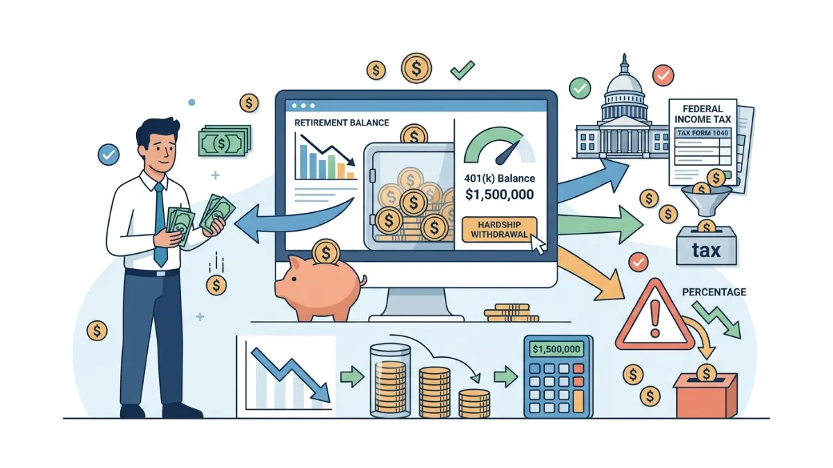 401(k) Hardship Withdrawal tax and early withdrawal penalty illustrated with retirement savings breakdown
