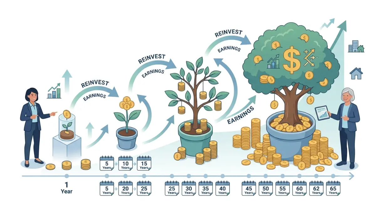 401(k) in Your 20s showing how compound interest transforms small retirement contributions into significant long-term wealth over decades