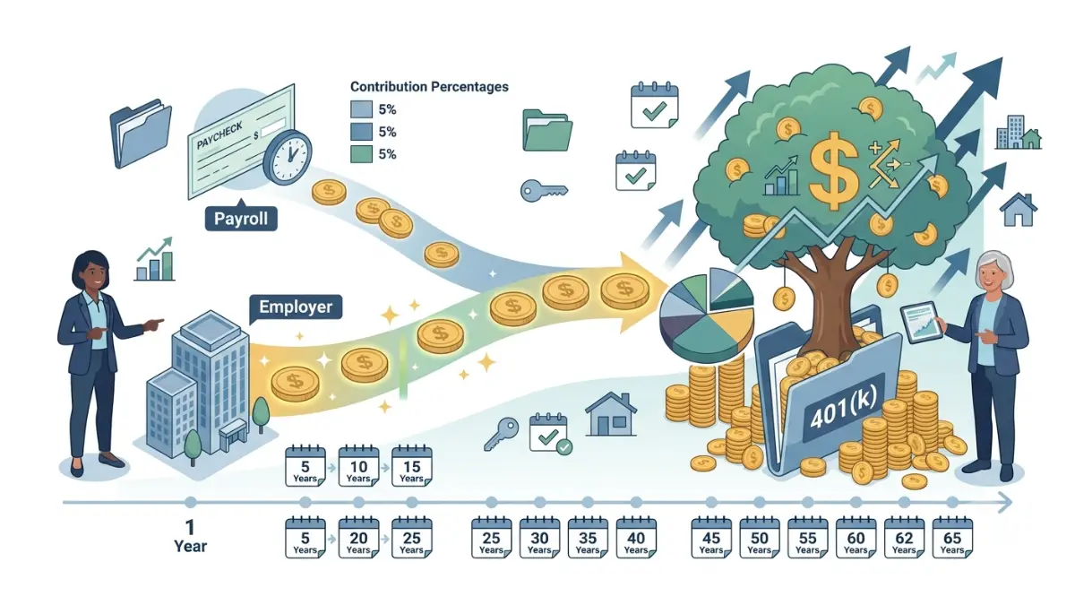 401(k) in Your 20s explaining employer matching contributions that increase retirement savings through additional company-funded investments