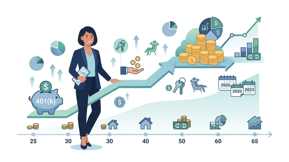 401(k) in Your 20s illustrated with a young professional starting retirement savings early through compound growth, employer matching, and long-term wealth building