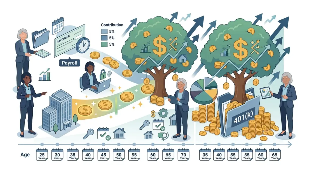 401(k) in Your 20s showing the step-by-step process of enrolling, selecting investments, and automating retirement contributions