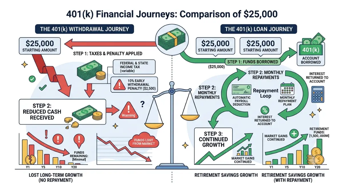 401(k) Loan vs Withdrawal: visual comparison of a $25,000 loan and withdrawal showing taxes, penalties, repayments, and long-term retirement savings impact