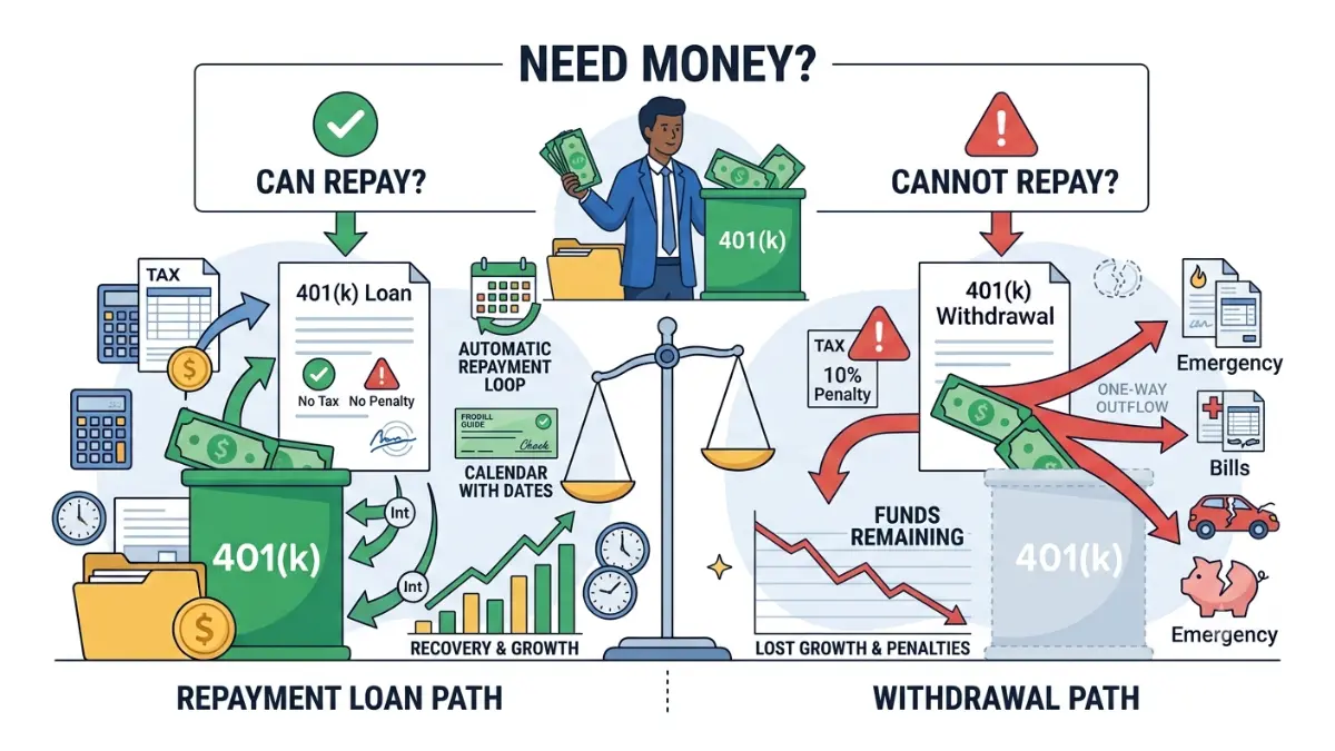 401(k) Loan vs Withdrawal: decision tree illustrating when a retirement loan makes more sense than taking a taxable withdrawal