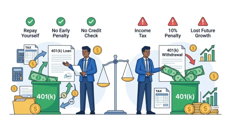401(k) Loan vs Withdrawal: professional comparison showing borrowing from a retirement account versus permanently withdrawing retirement savings with taxes, penalties, and repayment paths