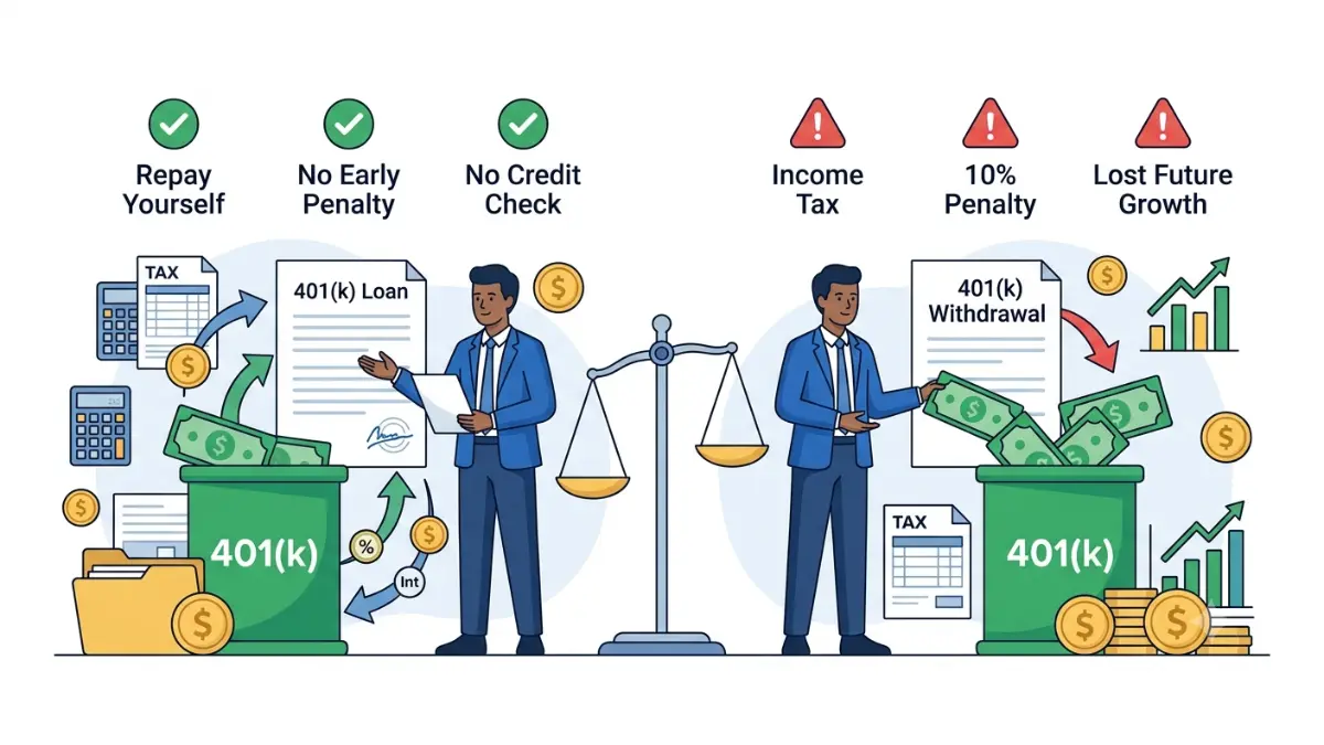 401(k) Loan vs Withdrawal: professional comparison showing borrowing from a retirement account versus permanently withdrawing retirement savings with taxes, penalties, and repayment paths