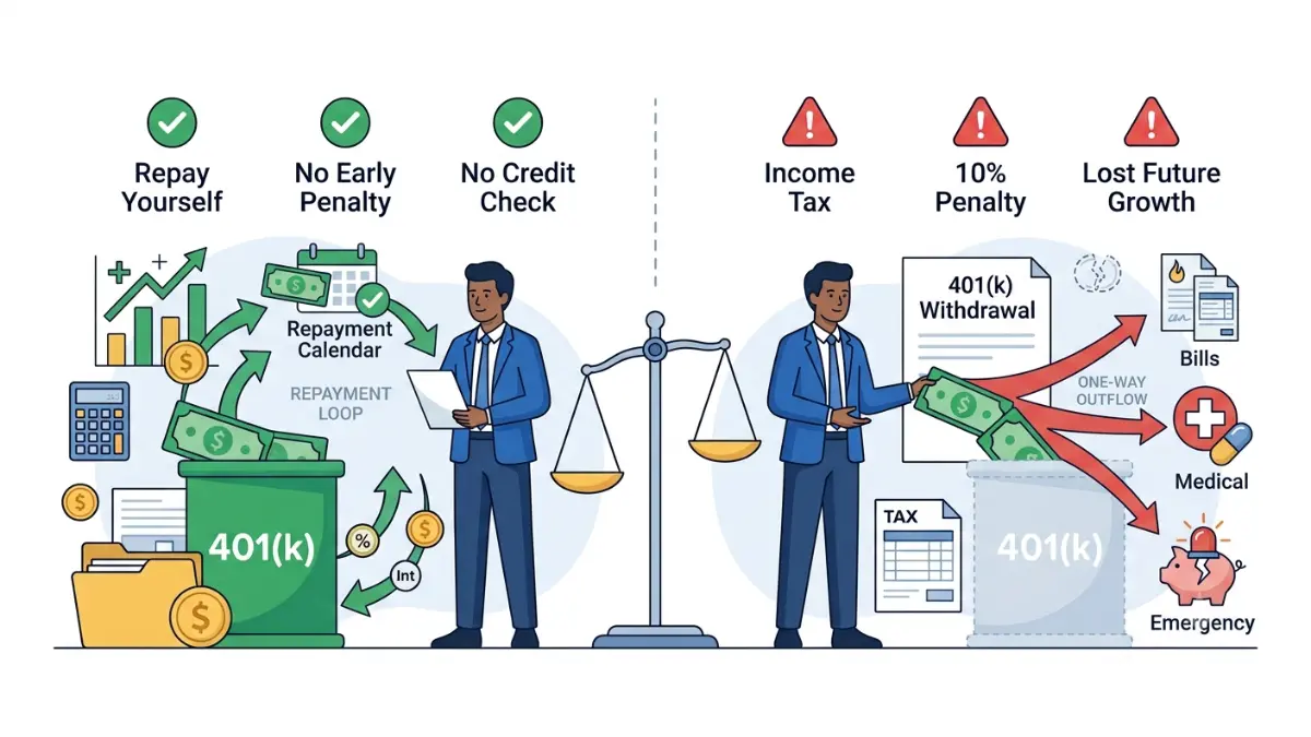 401(k) Loan vs Withdrawal: vector diagram showing circular loan repayment compared with permanent retirement account withdrawal and lost investment growth