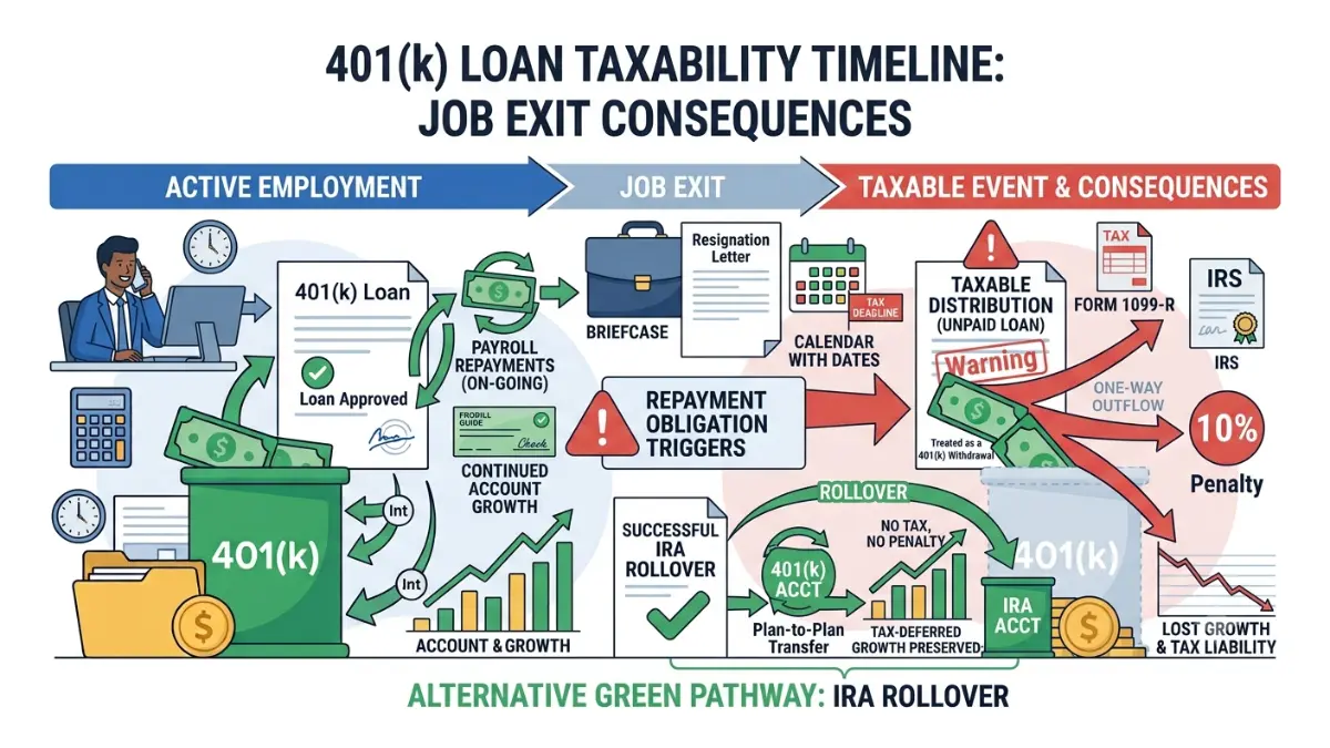 401(k) Loan vs Withdrawal: financial warning illustration showing how unpaid retirement loans can become taxable distributions with penalties