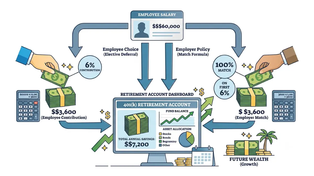 401(k) match calculation example showing employee contribution and employer matching amount