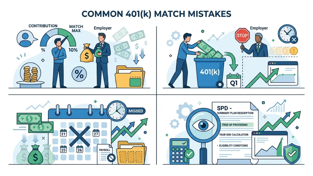401(k) match mistakes including missed employer contributions and front-loading errors