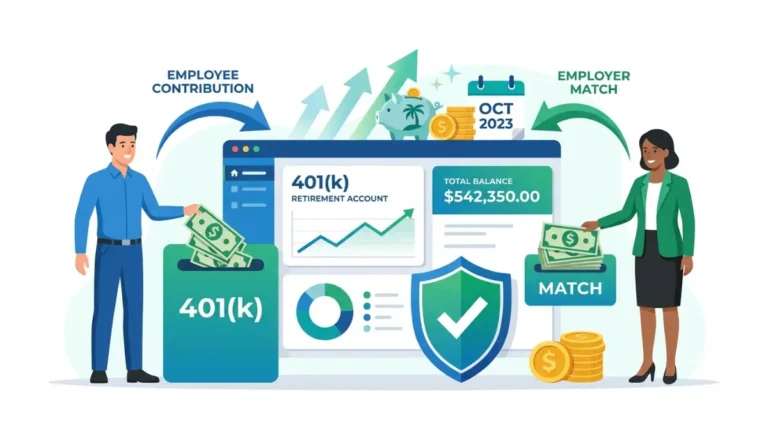 401(k) match illustration showing an employee and employer contributing to a retirement savings account