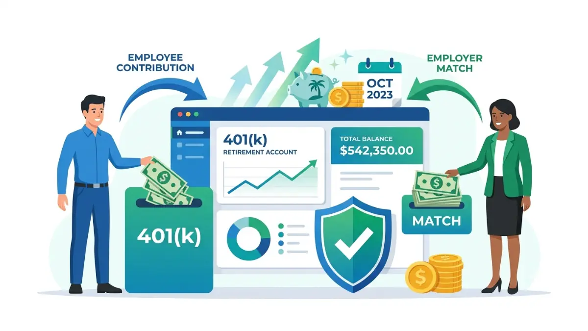 401(k) match illustration showing an employee and employer contributing to a retirement savings account