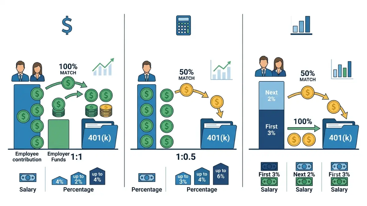 401(k) match comparison of full, partial, and tiered employer matching formulas