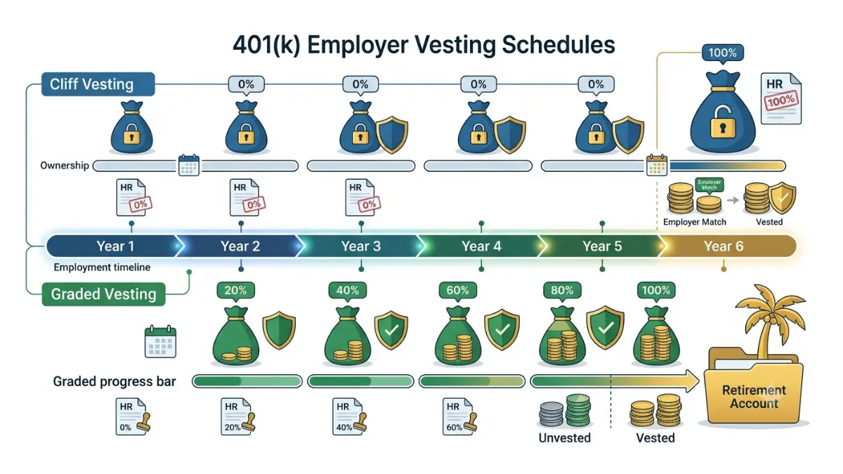 401(k) match vesting timeline illustrating cliff and graded vesting schedules