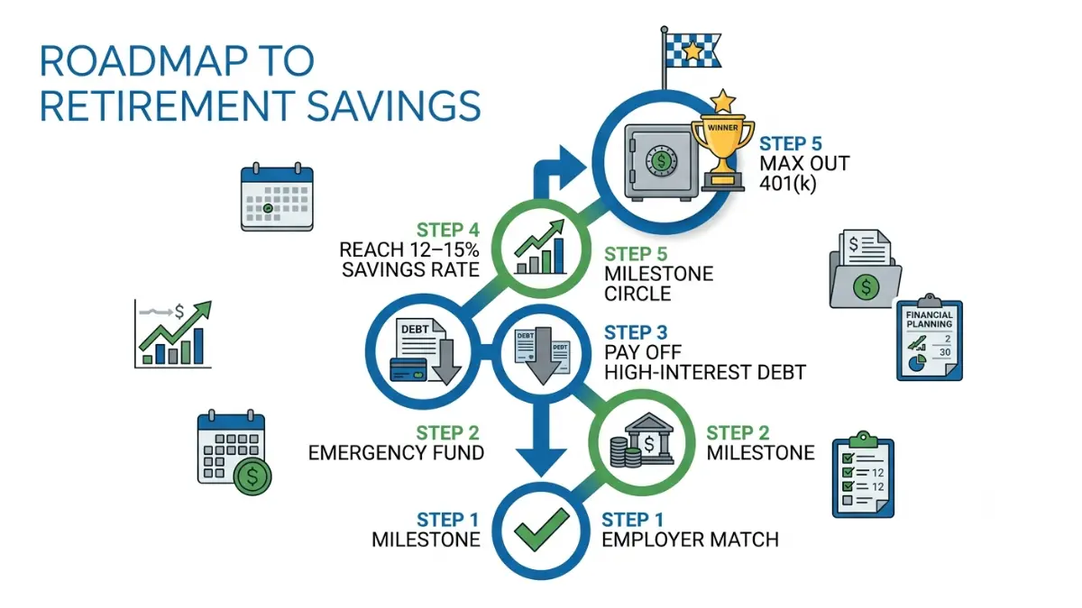 401(k) financial roadmap illustration showing the recommended order of retirement saving priorities before maxing out contributions