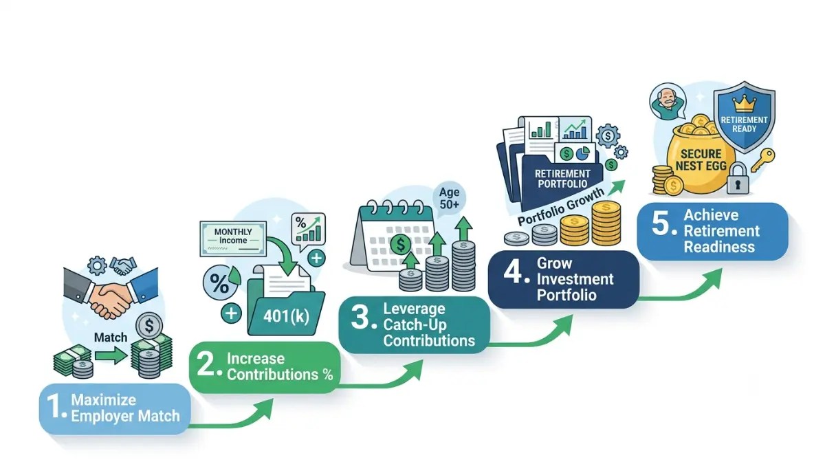 Step-by-step 401(k) retirement savings catch-up roadmap showing employer match, higher contributions, and long-term growth