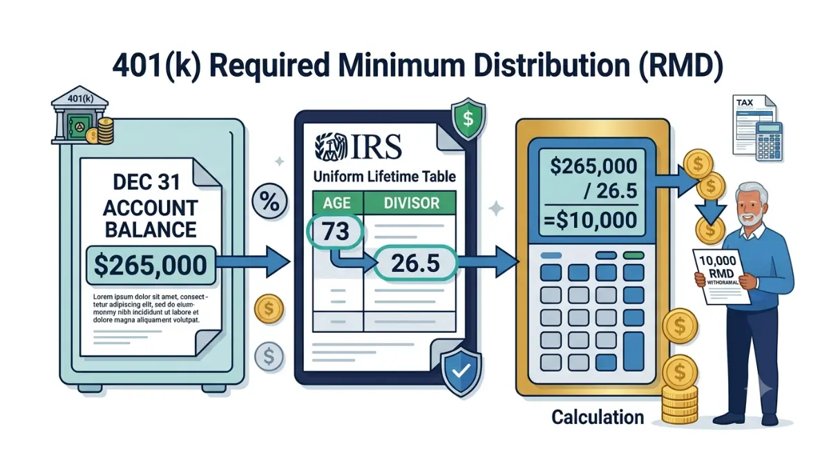 401(k) RMD calculation process showing how the prior year account balance is divided by the IRS Uniform Lifetime Table divisor to determine annual withdrawals.