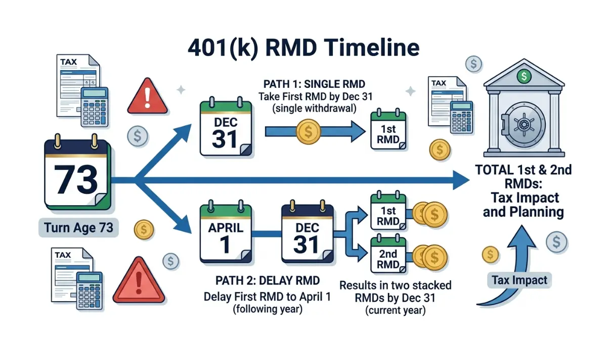 401(k) RMD deadline timeline explaining the April 1 first distribution deadline and the risk of taking two taxable withdrawals in one year.