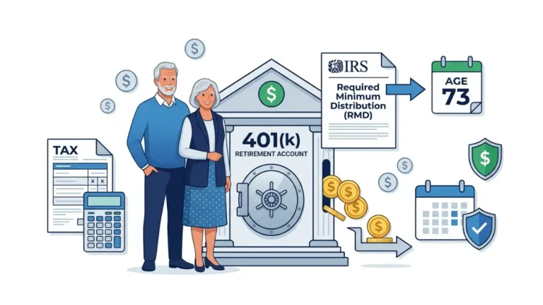 401(k) RMD illustration showing when required minimum distributions begin at retirement age with IRS rules and mandatory withdrawals from a traditional 401(k).