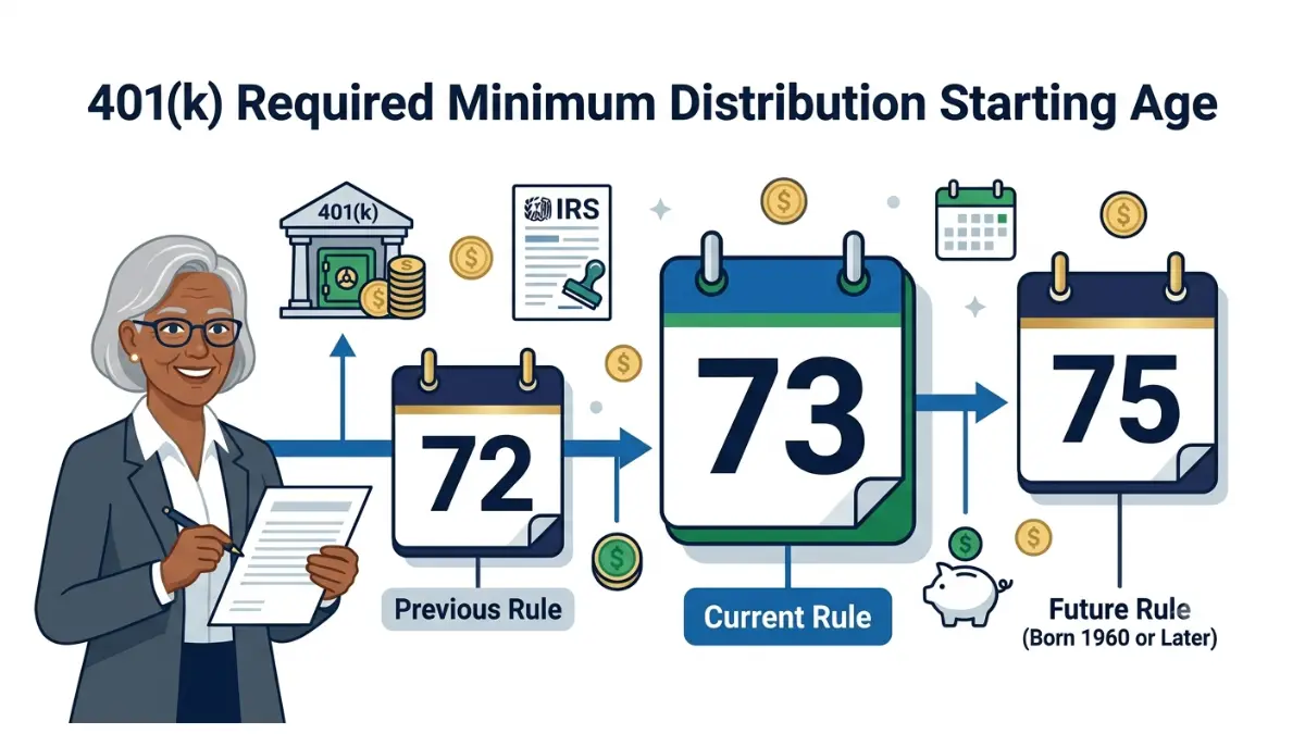 401(k) RMD age timeline illustrating the transition from age 72 to age 73 and the future age 75 rule for retirement account withdrawals.