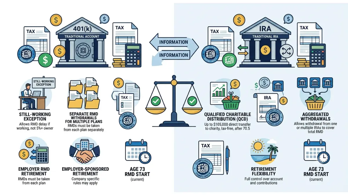 401(k) RMD comparison illustrating the key differences between traditional 401(k) and IRA required minimum distribution rules for retirees.