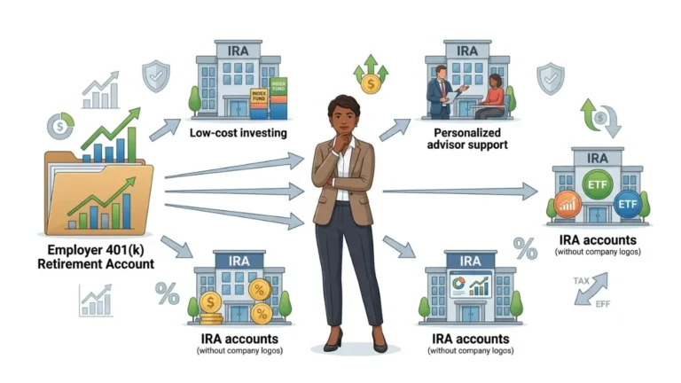 401(k) roll over illustration showing an old employer retirement account being transferred into the best IRA destination with multiple investment options