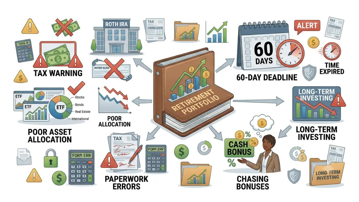 401(k) roll over warning illustration highlighting common rollover mistakes including Roth conversion taxes, missed deadlines, and rollover errors