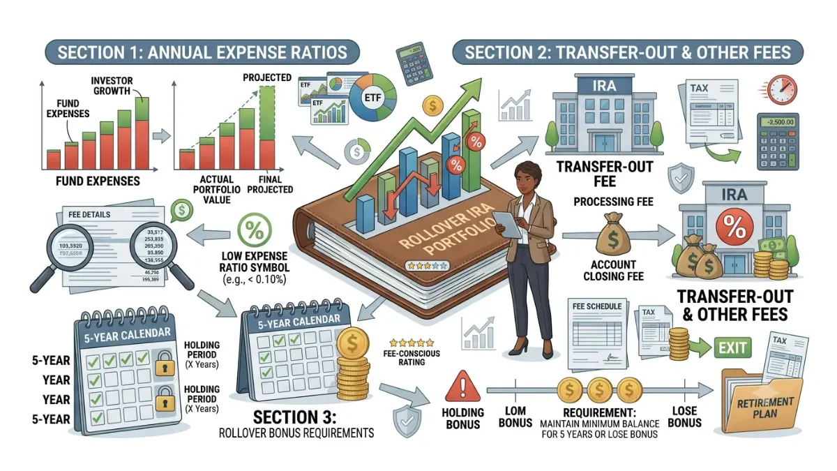 401(k) roll over illustration explaining expense ratios, transfer fees, rollover bonus conditions, and hidden retirement account costs