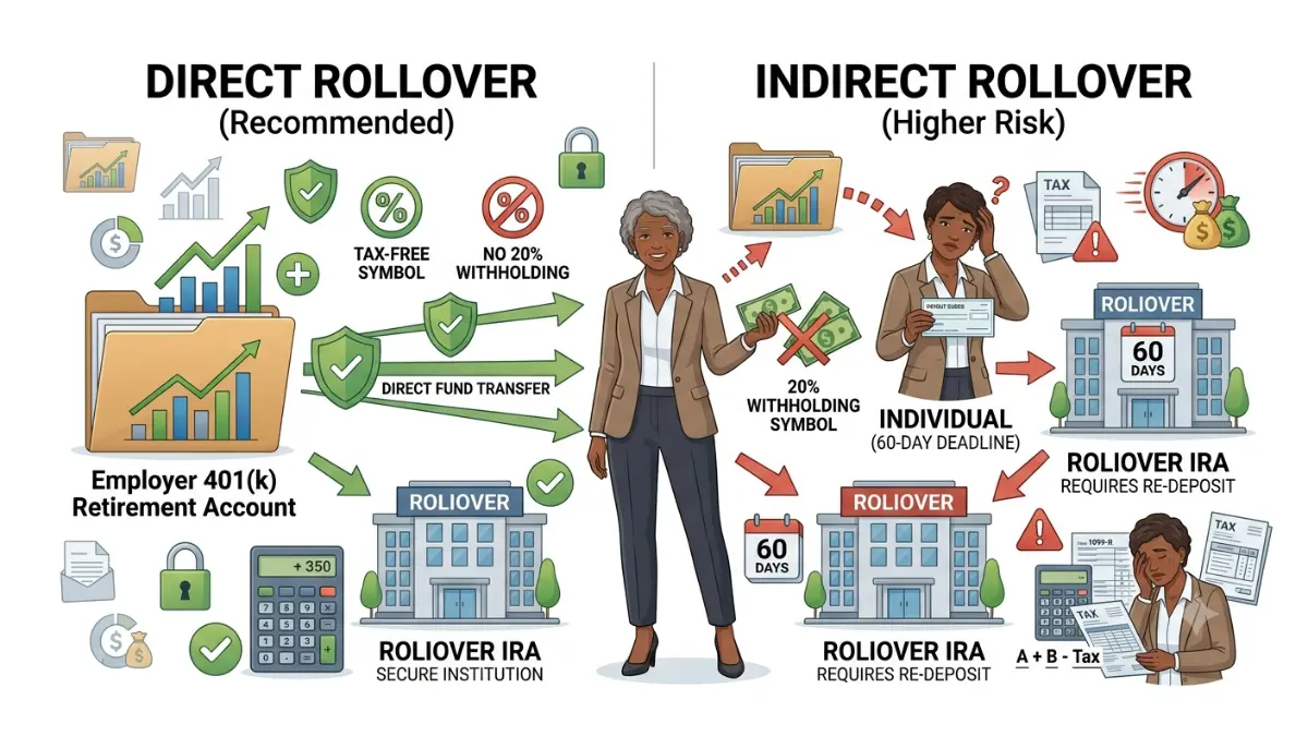 401(k) roll over comparison illustrating direct rollover versus indirect rollover with money transfer paths, tax withholding, and the 60-day rule