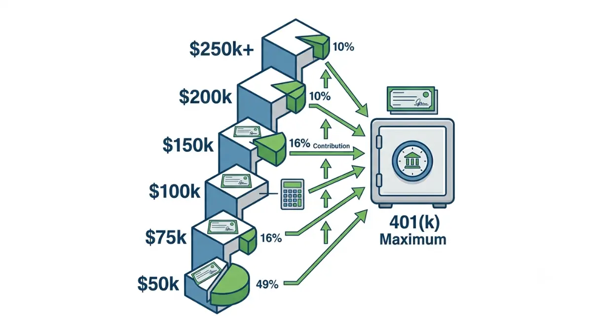 401(k) salary comparison illustration showing how different income levels affect the ability to reach the annual contribution limit