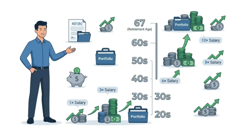 401(k) savings by age benchmark showing retirement savings milestones from age 30 to 67 with salary multiplier growth