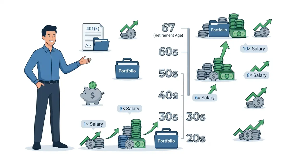 401(k) savings by age benchmark showing retirement savings milestones from age 30 to 67 with salary multiplier growth